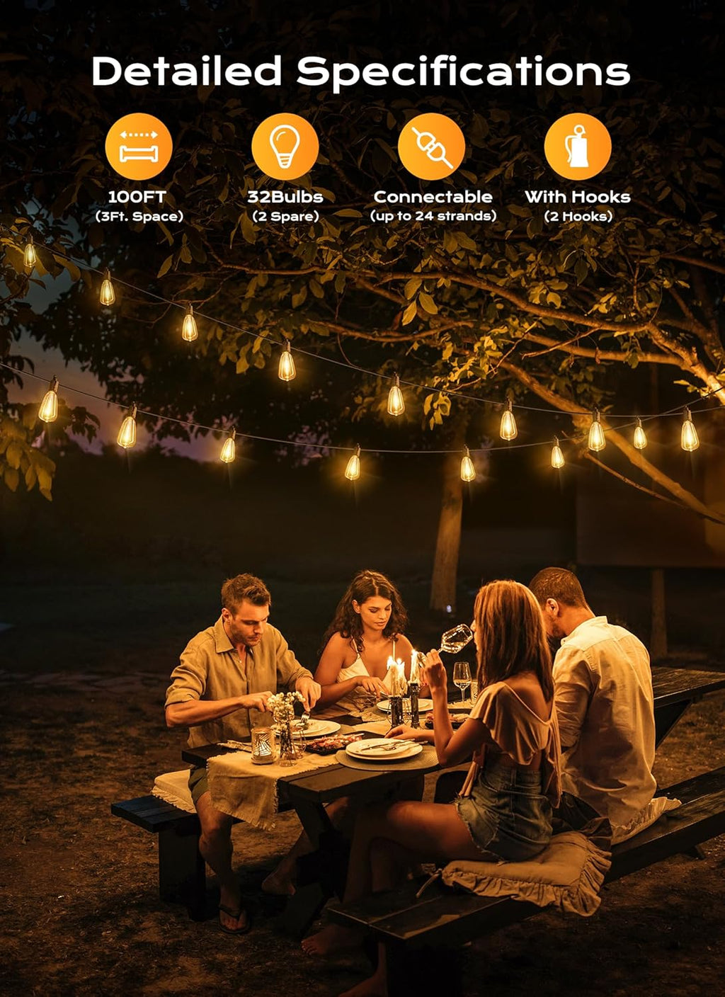 100FT Outdoor String Lights with 32 Shatterproof Dimmable LED Bulbs, Waterproof Connectable Patio Lighting