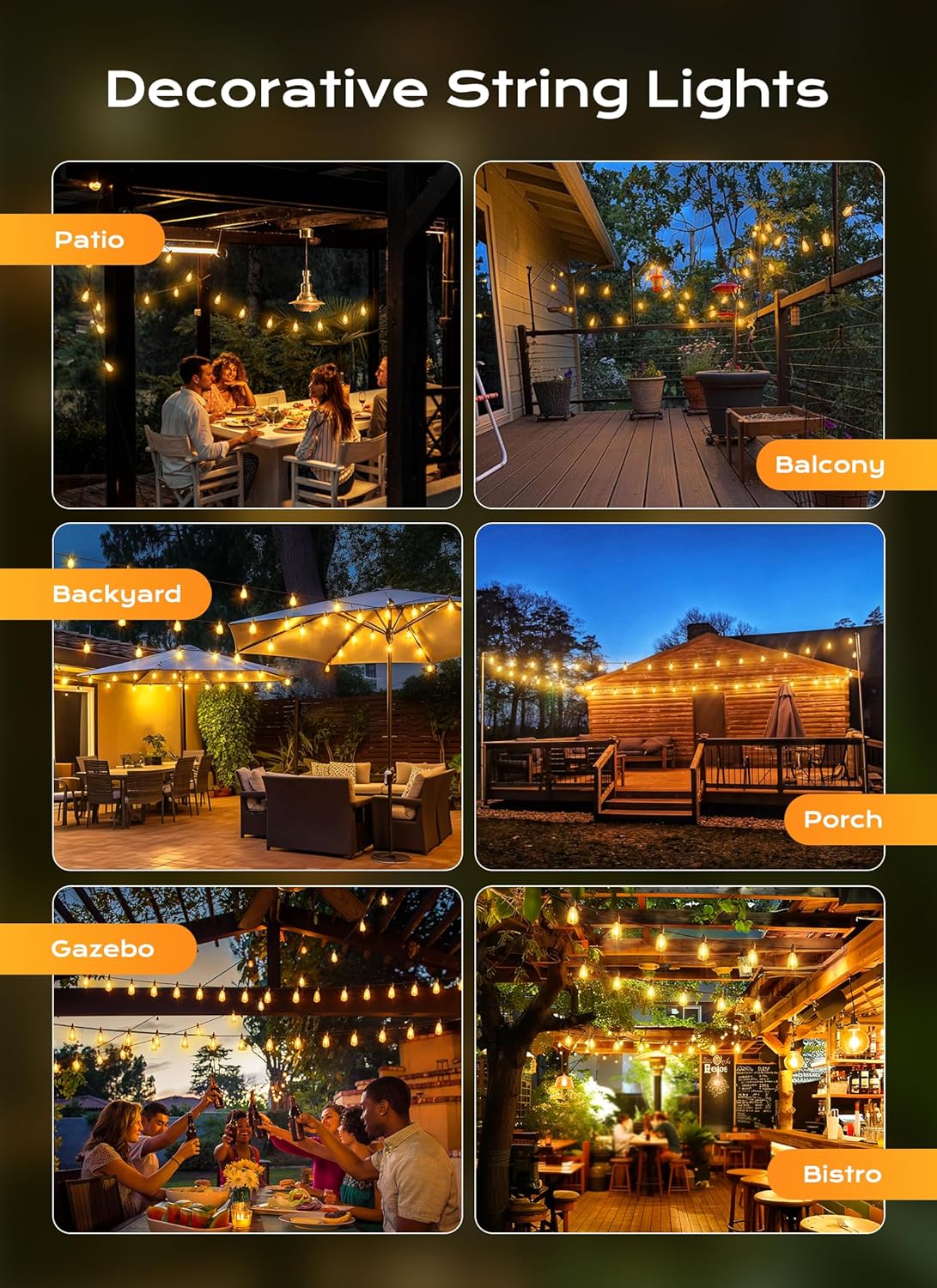 100FT Outdoor String Lights with 32 Shatterproof Dimmable LED Bulbs, Waterproof Connectable Patio Lighting