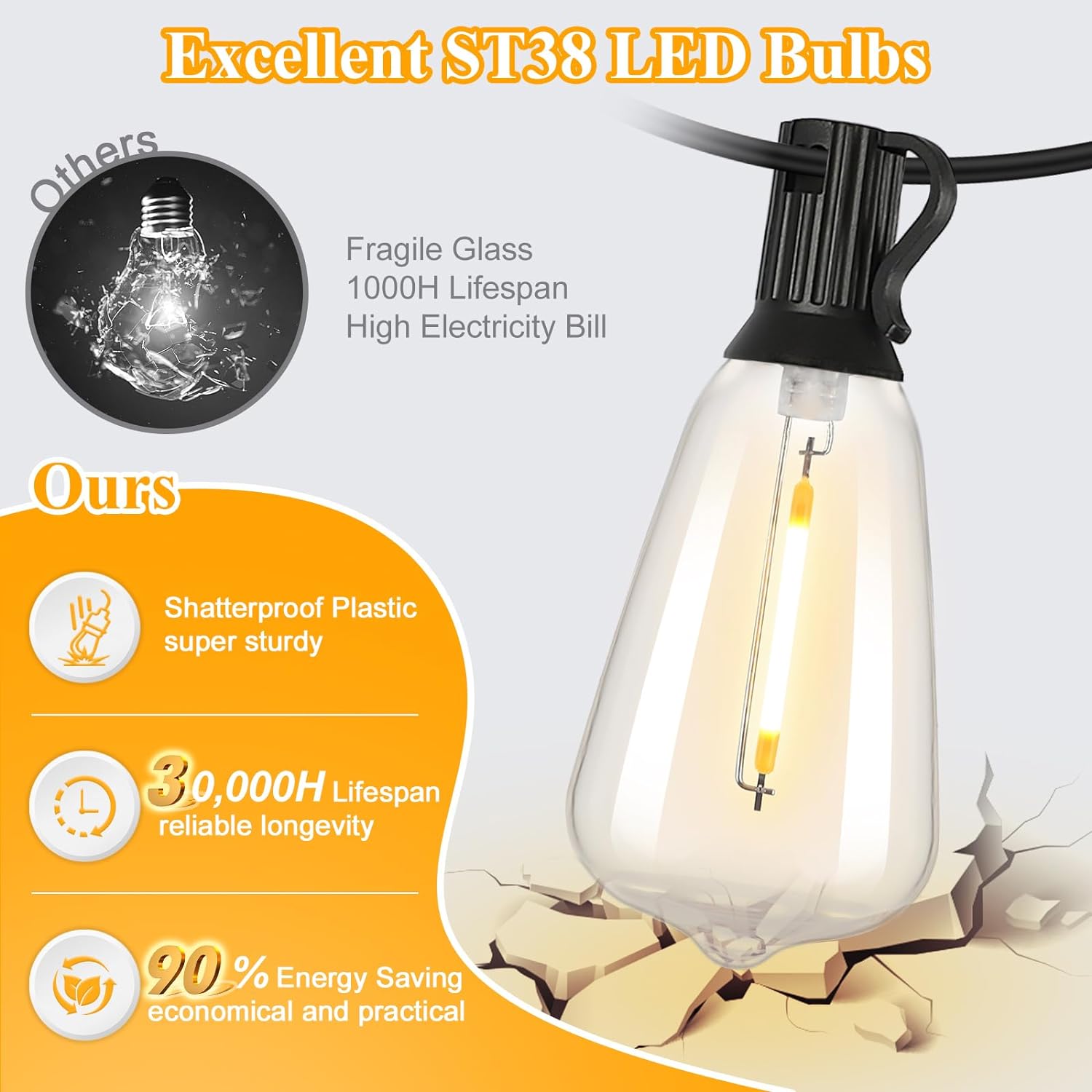 100FT Outdoor LED String Lights with 52 Shatterproof Vintage Edison Bulbs, Waterproof Dimmable Patio Lighting