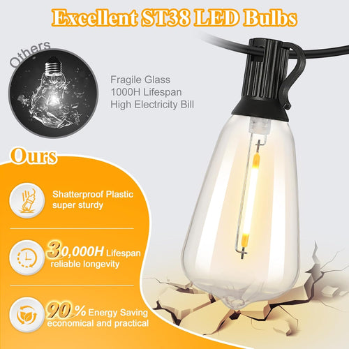 100FT Outdoor LED String Lights with 52 Shatterproof Vintage Edison Bulbs, Waterproof Dimmable Patio Lighting