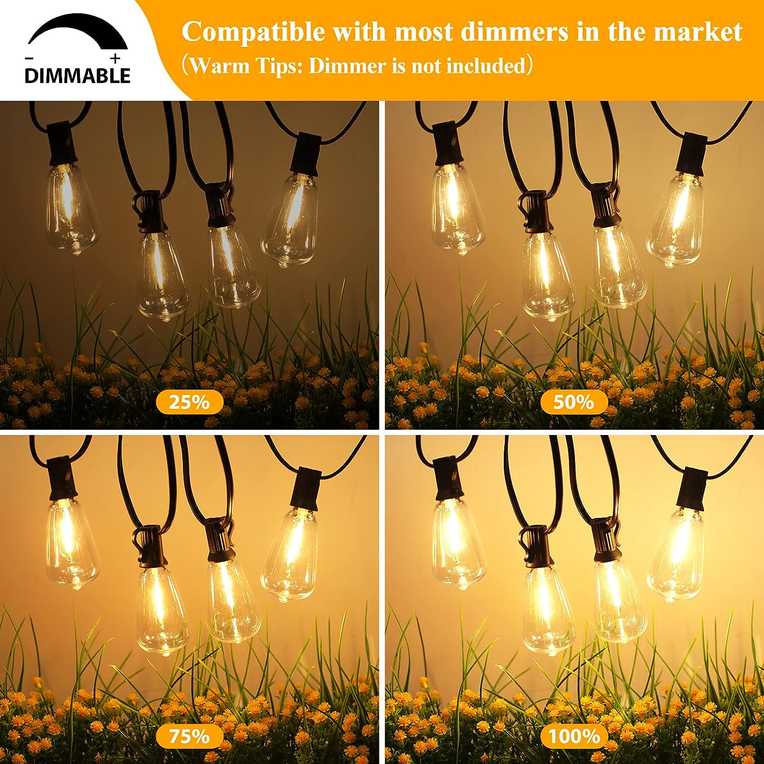 100FT Outdoor LED String Lights with 52 Shatterproof Vintage Edison Bulbs, Waterproof Dimmable Patio Lighting