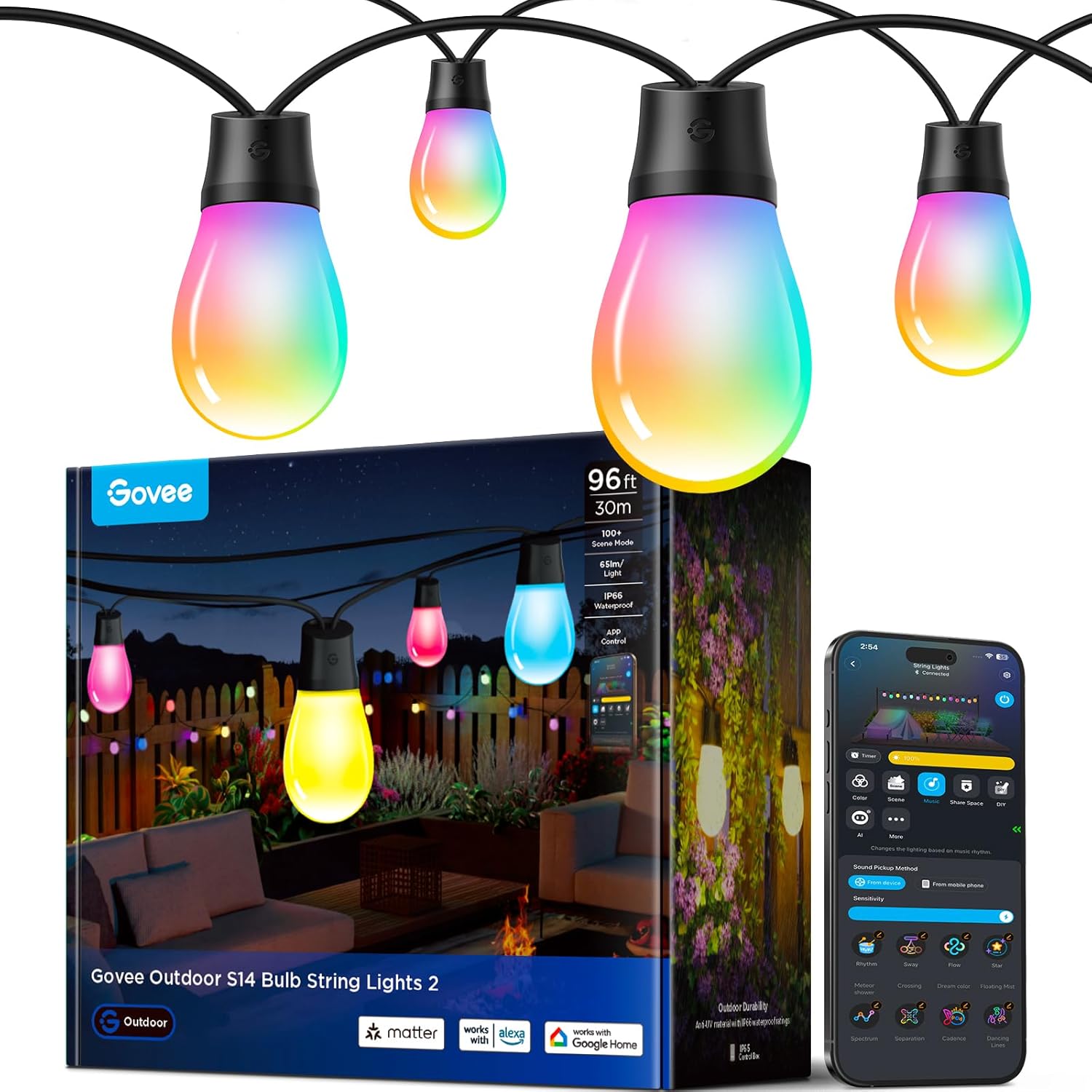 96ft Smart RGBIC Outdoor String Lights with 30 LED Bulbs, 111 Scene Modes, Alexa & Google Voice Control