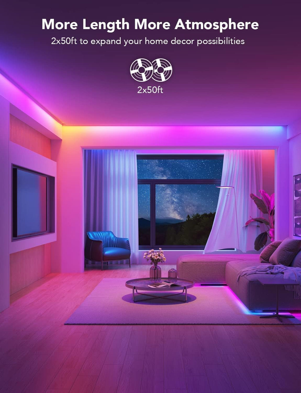 100ft RGBIC Smart LED Strip Lights with Alexa & Google Assistant, WiFi App Control