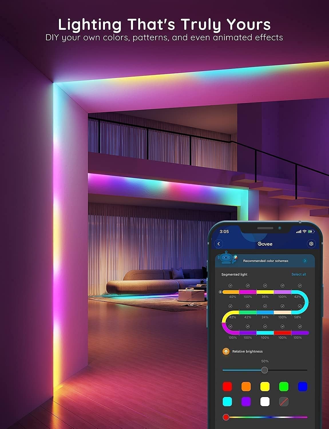 100ft RGBIC Smart LED Strip Lights with Alexa & Google Assistant, WiFi App Control