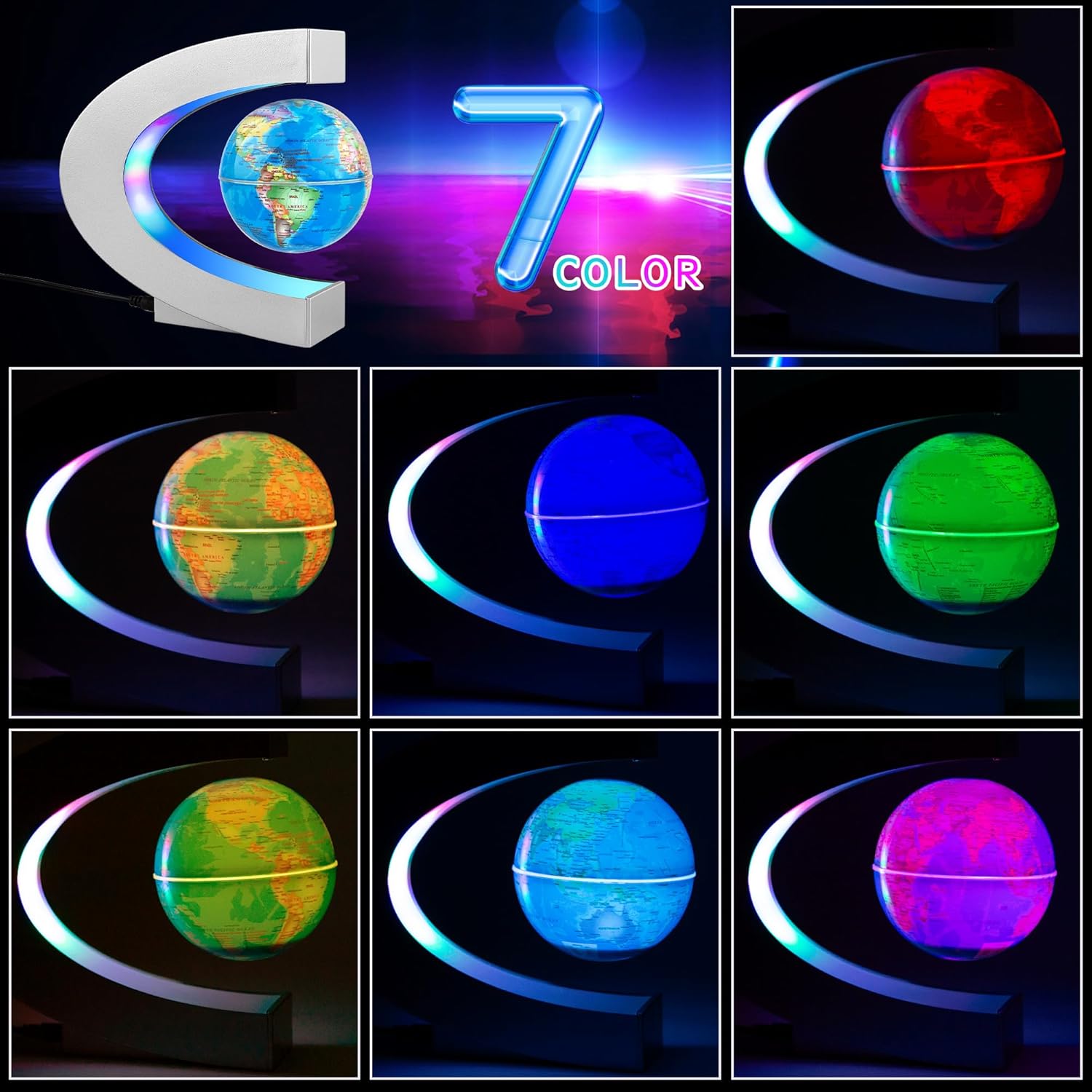 Magnetic Levitating Globe with LED Lights - 7 Color Floating World Desk Decor