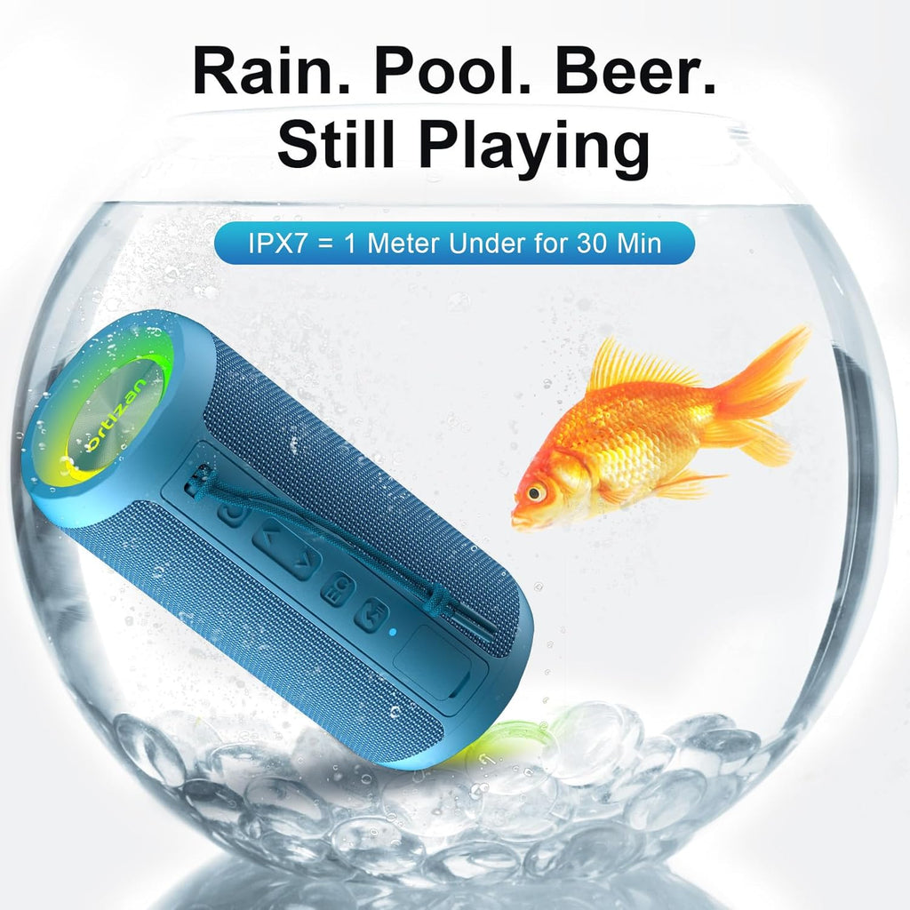 Ortizan蓝牙音箱IPX7防水24W重低音30小时续航360°灯光派对音响蓝色