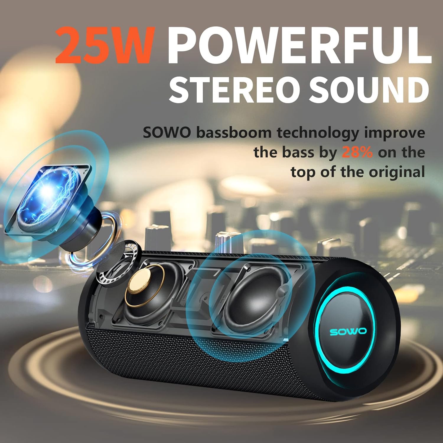 SOWO 25W Portable Bluetooth Speaker, IPX7 Waterproof, Bassboom Technology, TWS Pairing, 16H Playtime