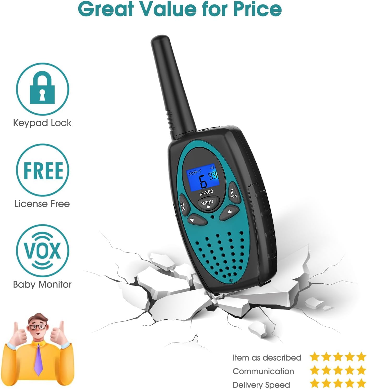 M880 Blue 2-Pack Walkie Talkies with 5-Mile Range & 2662 Channel Options