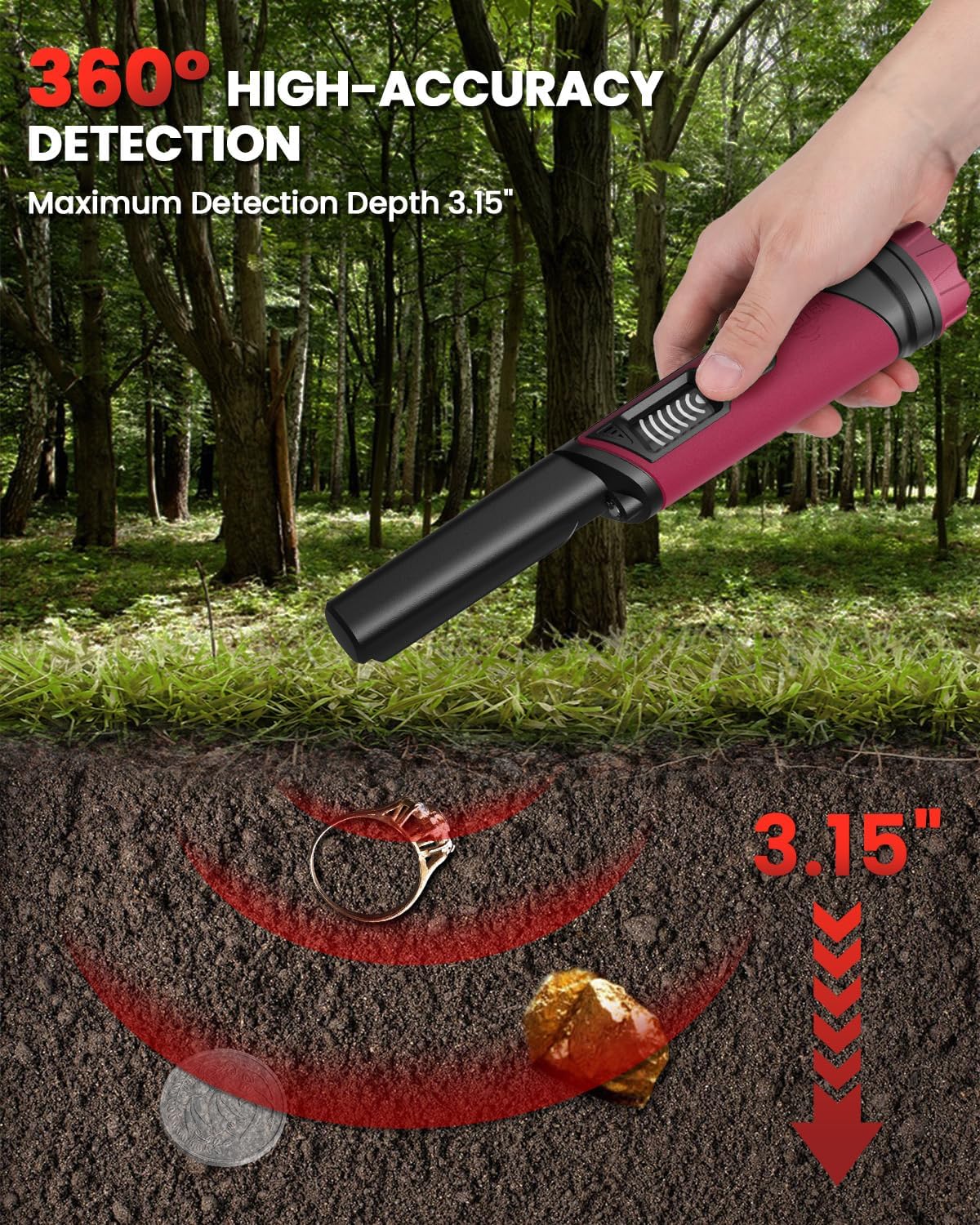 Waterproof Metal Detector Pinpointer with LCD Screen, 360° Detection & LED Light
