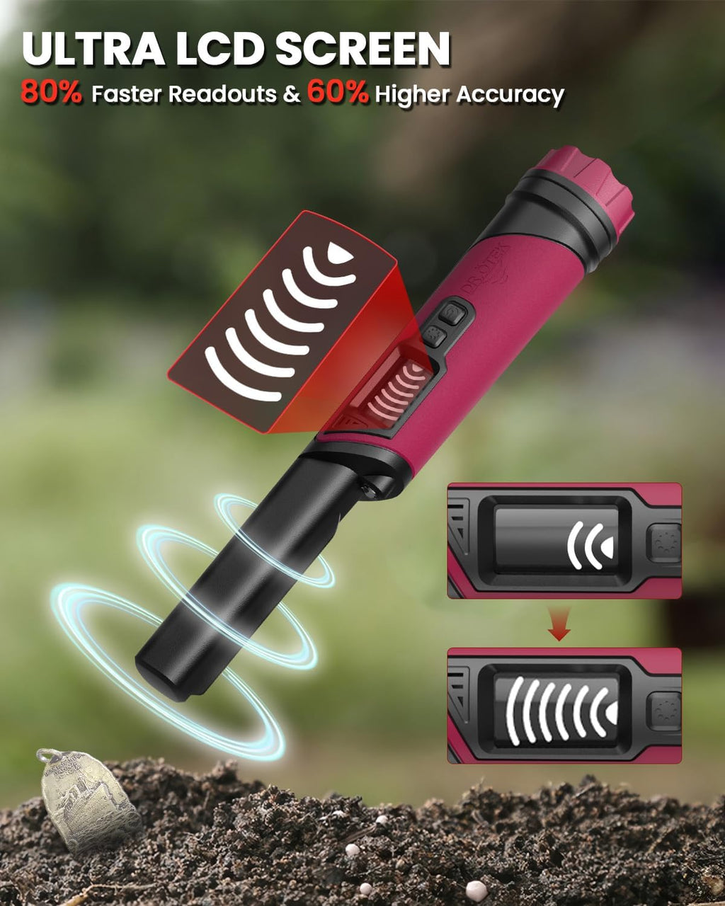 Waterproof Metal Detector Pinpointer with LCD Screen, 360° Detection & LED Light