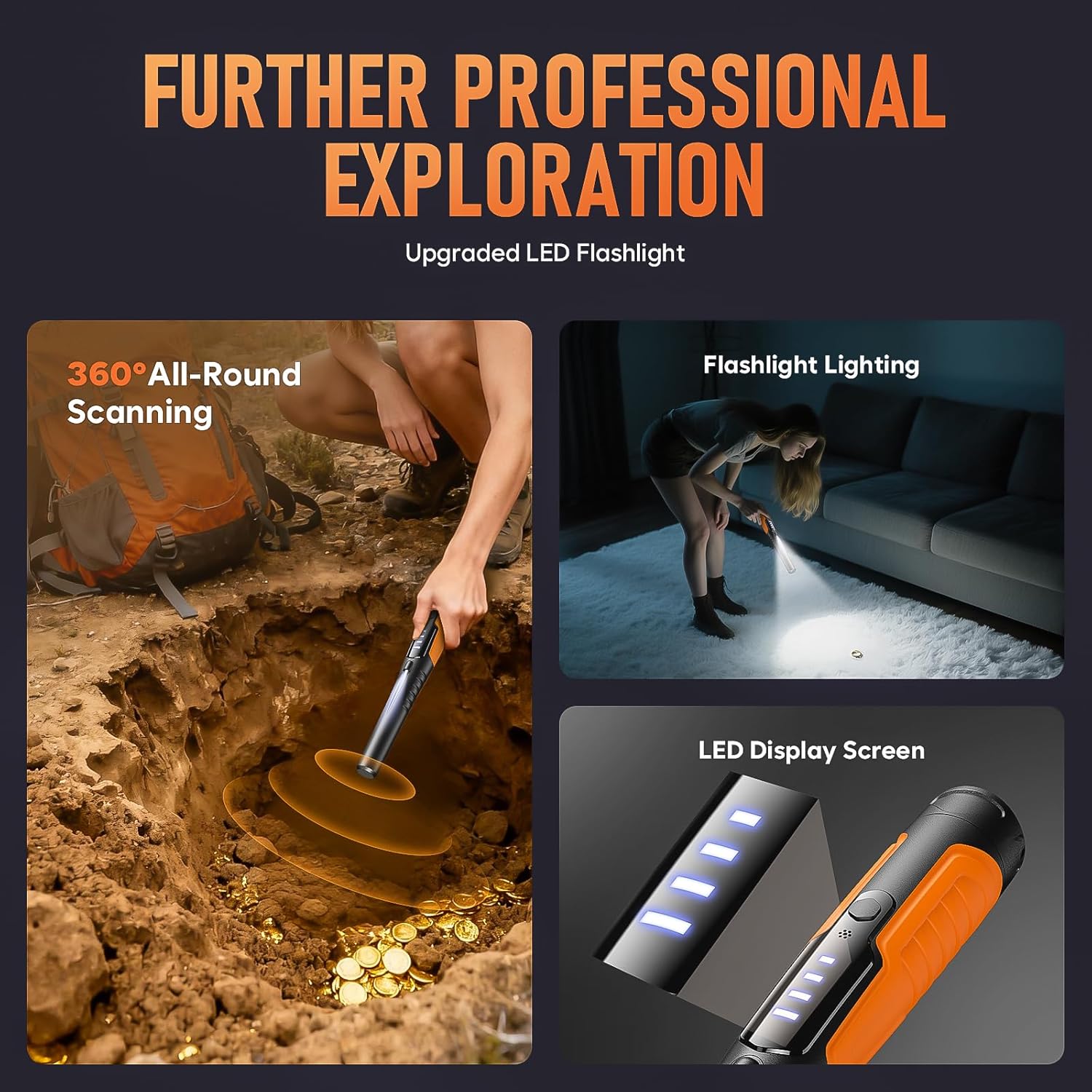 Waterproof Metal Detector Pinpointer with LCD Display, 360° Side-Scan & 4 Detection Modes