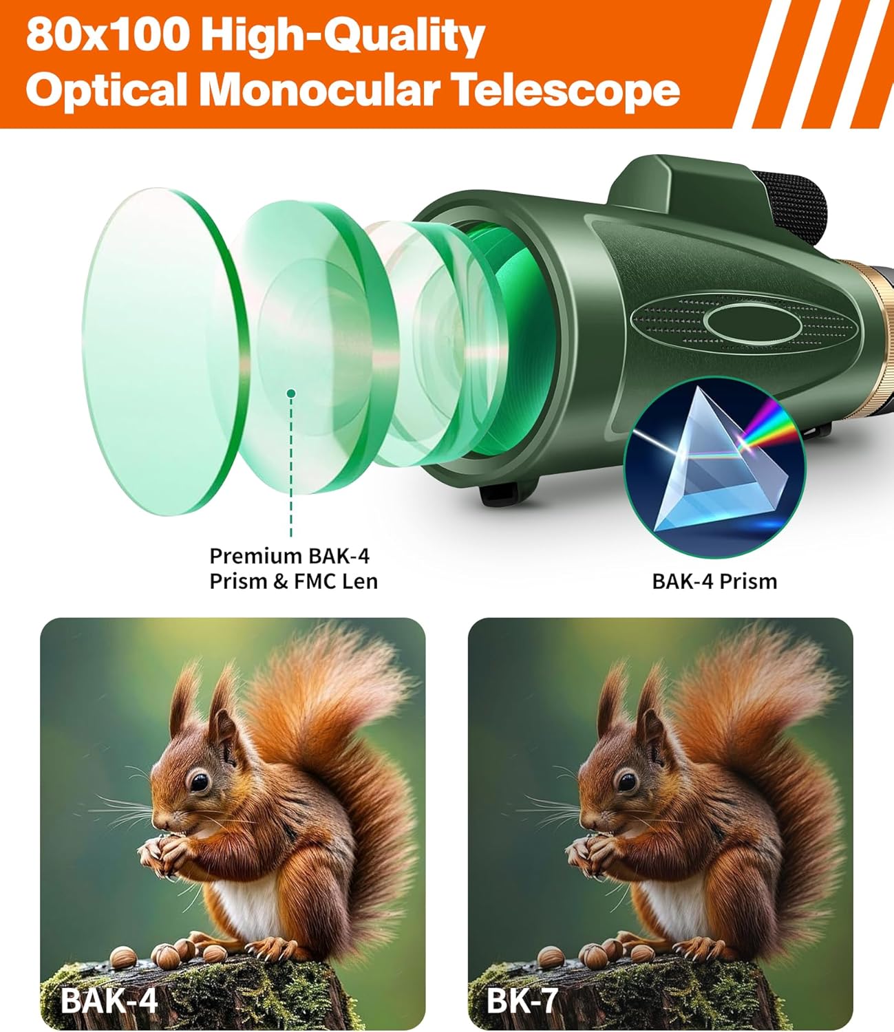 80x100 High Power Monocular with Smartphone Adapter & Tripod for Outdoor Observation