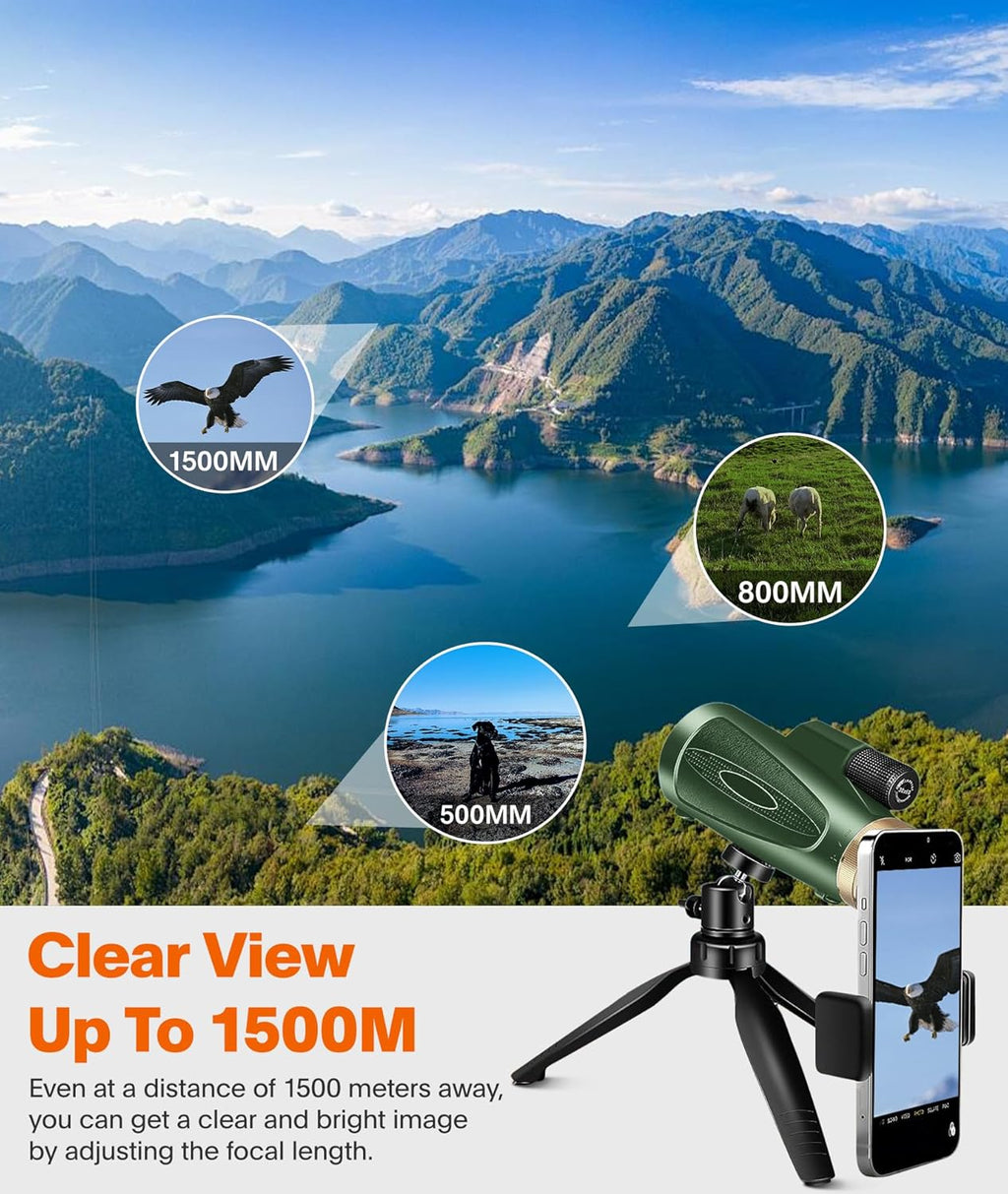 80x100 High Power Monocular with Smartphone Adapter & Tripod for Outdoor Observation