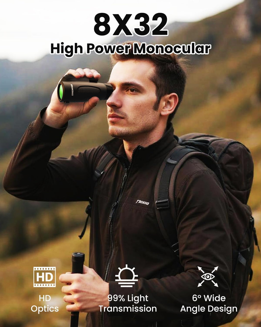 8x32 High Power Monocular Telescope - Waterproof, BAK4 Prism, FMC Lens for Outdoor Use