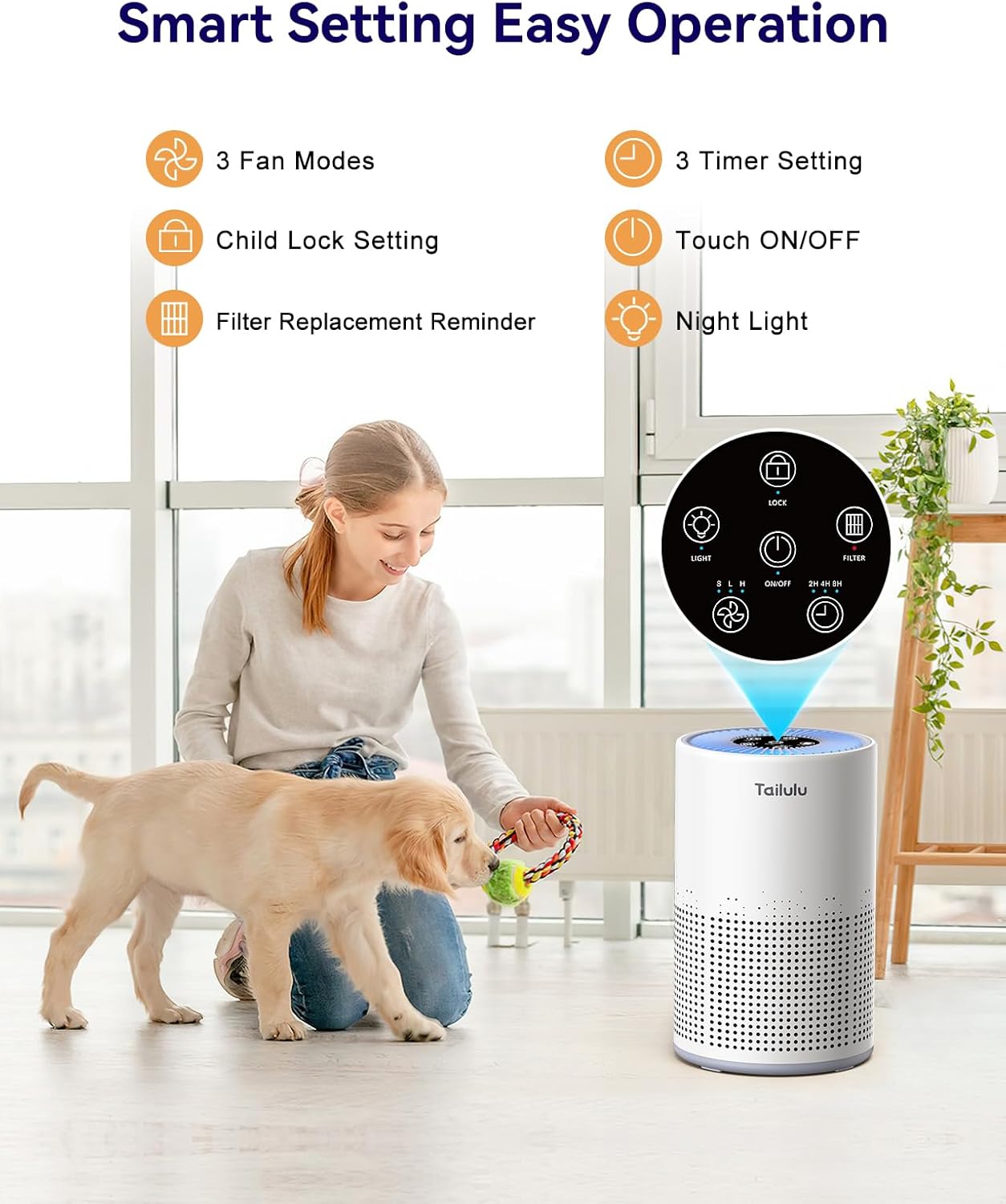 H13 True HEPA Air Purifier for 1200 Sq Ft Rooms with 12dB Sleep Mode & Timer