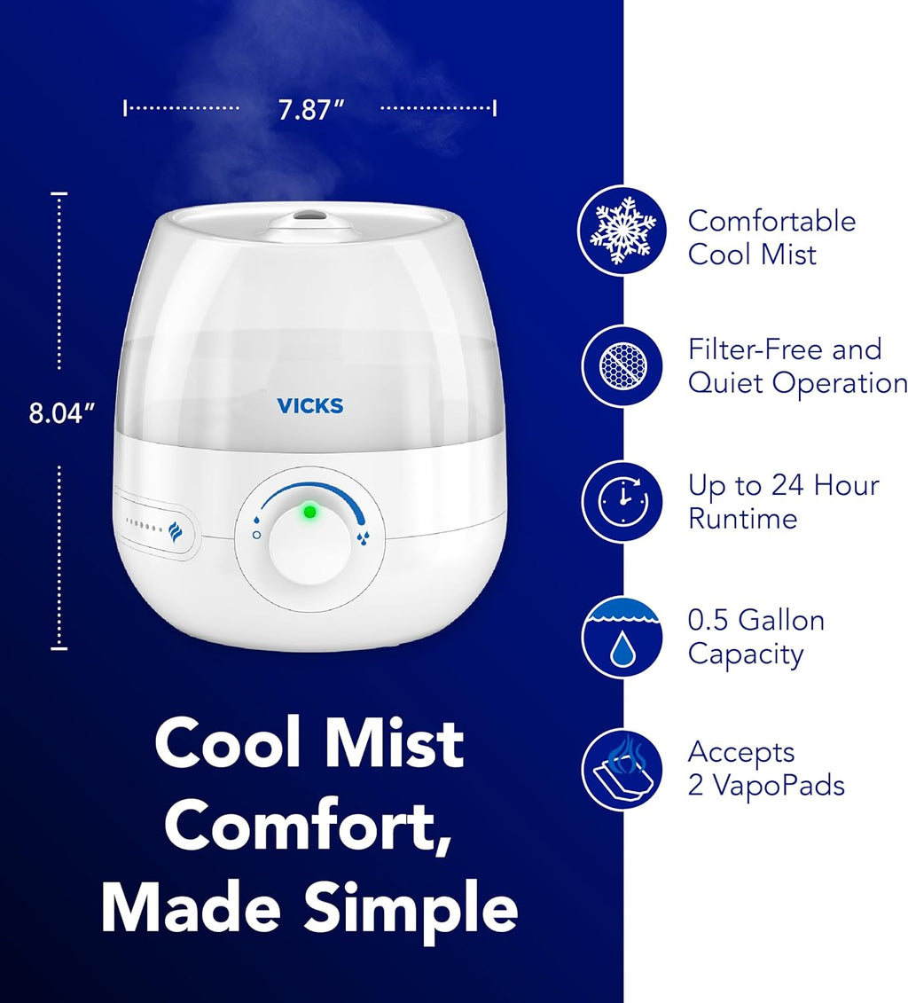 Mini Filter-Free Cool Mist Humidifier for Small Rooms - 24-Hour Operation