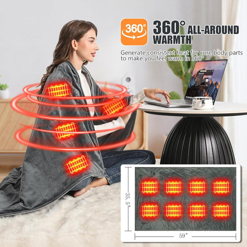 20000mAh Cordless Heated Blanket, 59x35.5 Fast Heating Electric Throw with 3 Temperature Settings