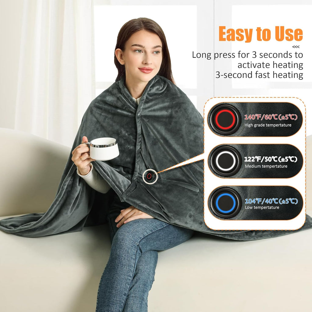 20000mAh Cordless Heated Blanket, 59x35.5 Fast Heating Electric Throw with 3 Temperature Settings