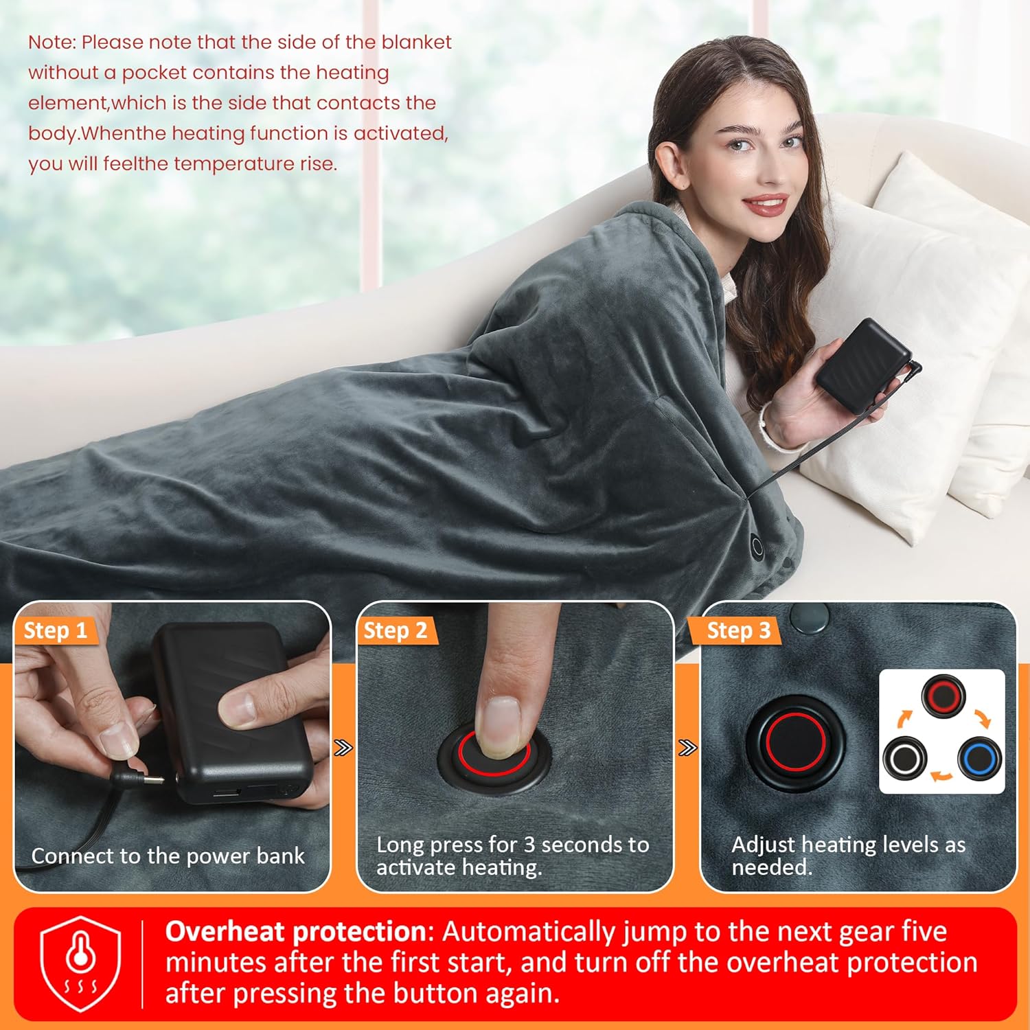 20000mAh Cordless Heated Blanket, 59x35.5 Fast Heating Electric Throw with 3 Temperature Settings