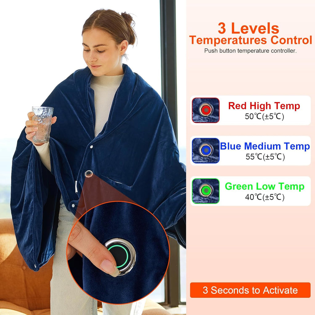 Cordless USB Heated Blanket with 10000mAh Battery, 3 Heat Levels, Machine Washable Fleece Throw
