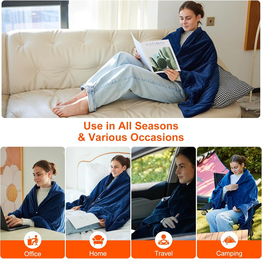 Cordless USB Heated Blanket with 10000mAh Battery, 3 Heat Levels, Machine Washable Fleece Throw