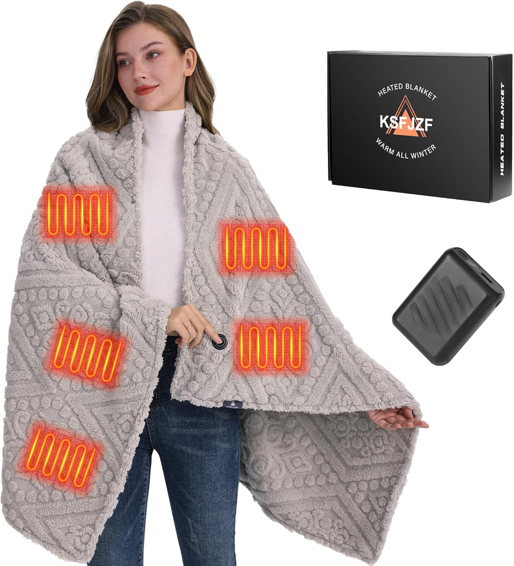 Cordless Heated Throw Blanket with Power Bank - Fast Heating, 3 Settings, Machine Washable