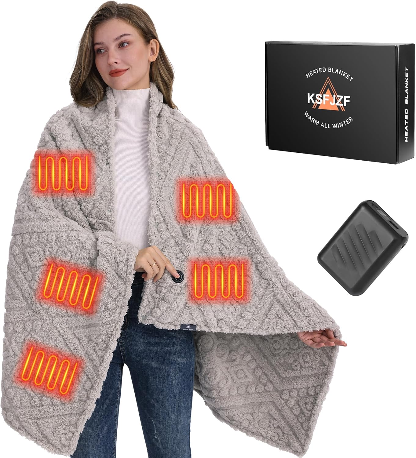 Cordless Heated Throw Blanket with Power Bank - Fast Heating, 3 Settings, Machine Washable