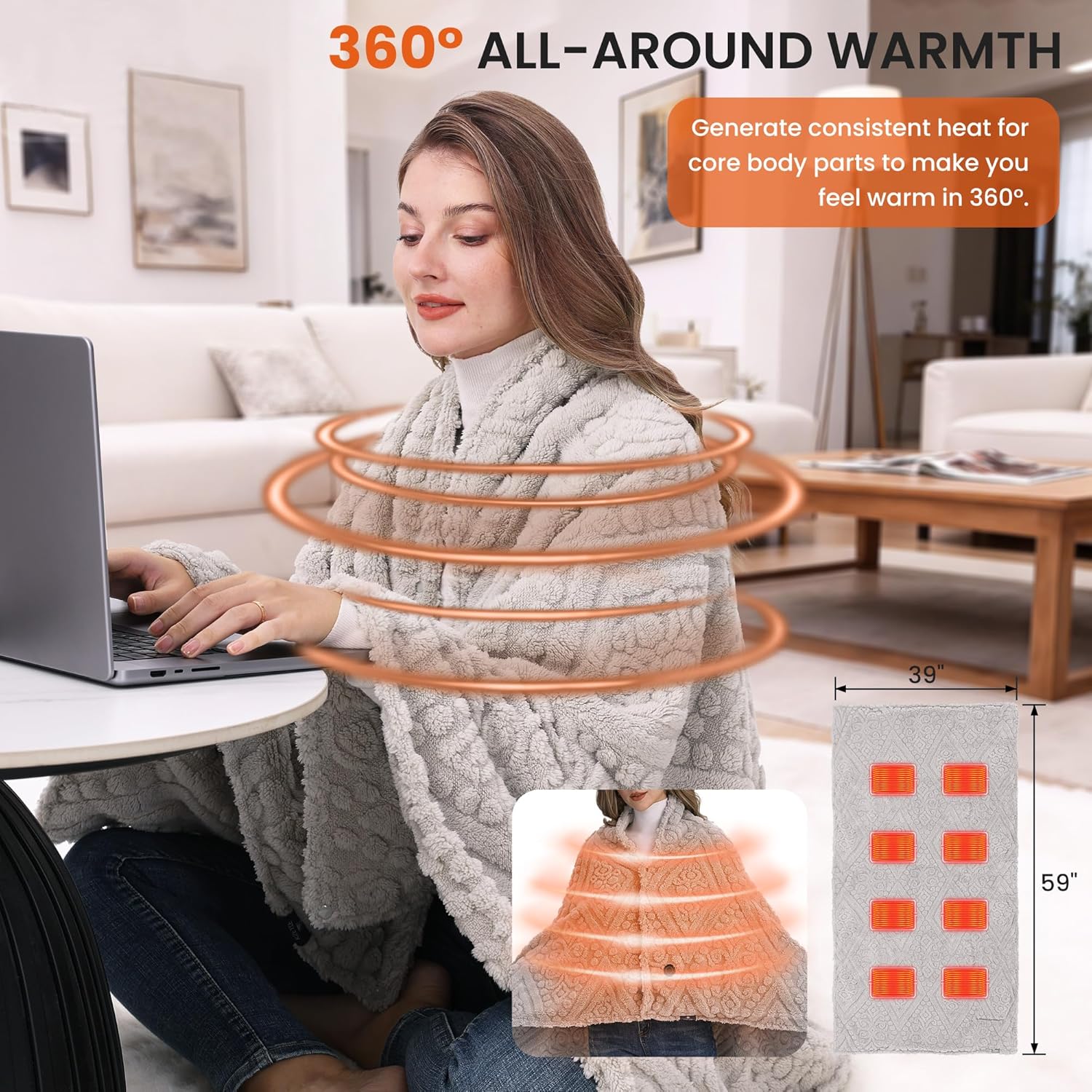 Cordless Heated Throw Blanket with Power Bank - Fast Heating, 3 Settings, Machine Washable