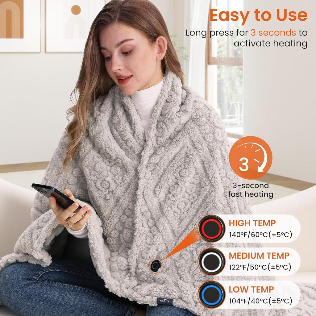 Cordless Heated Throw Blanket with Power Bank - Fast Heating, 3 Settings, Machine Washable