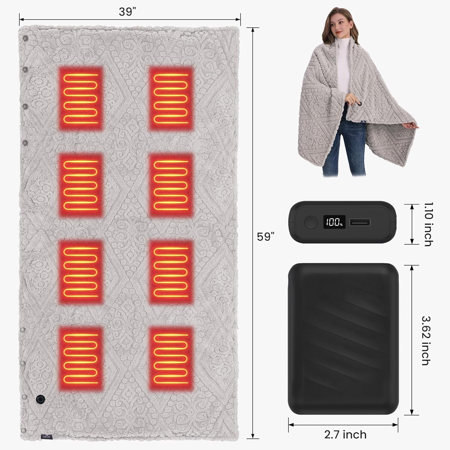 Cordless Heated Throw Blanket with Power Bank - Fast Heating, 3 Settings, Machine Washable