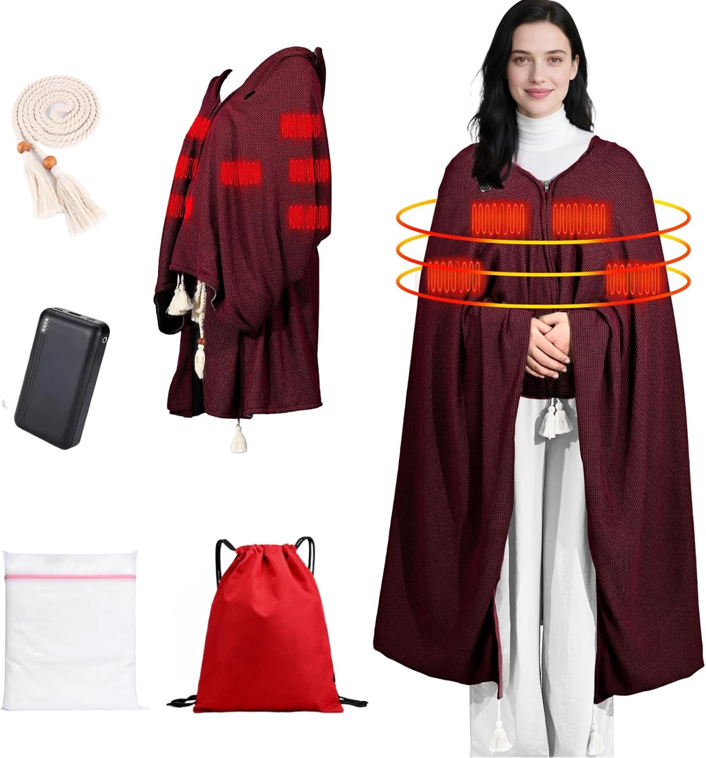 71" Wearable Heated Blanket Shawl with Power Bank, 11 Heating Zones, 3 Heat Levels & Timer