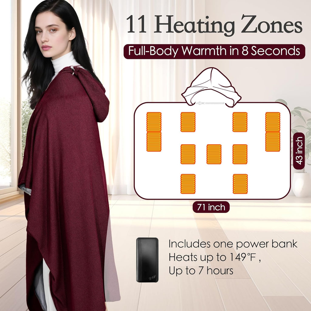71" Wearable Heated Blanket Shawl with Power Bank, 11 Heating Zones, 3 Heat Levels & Timer