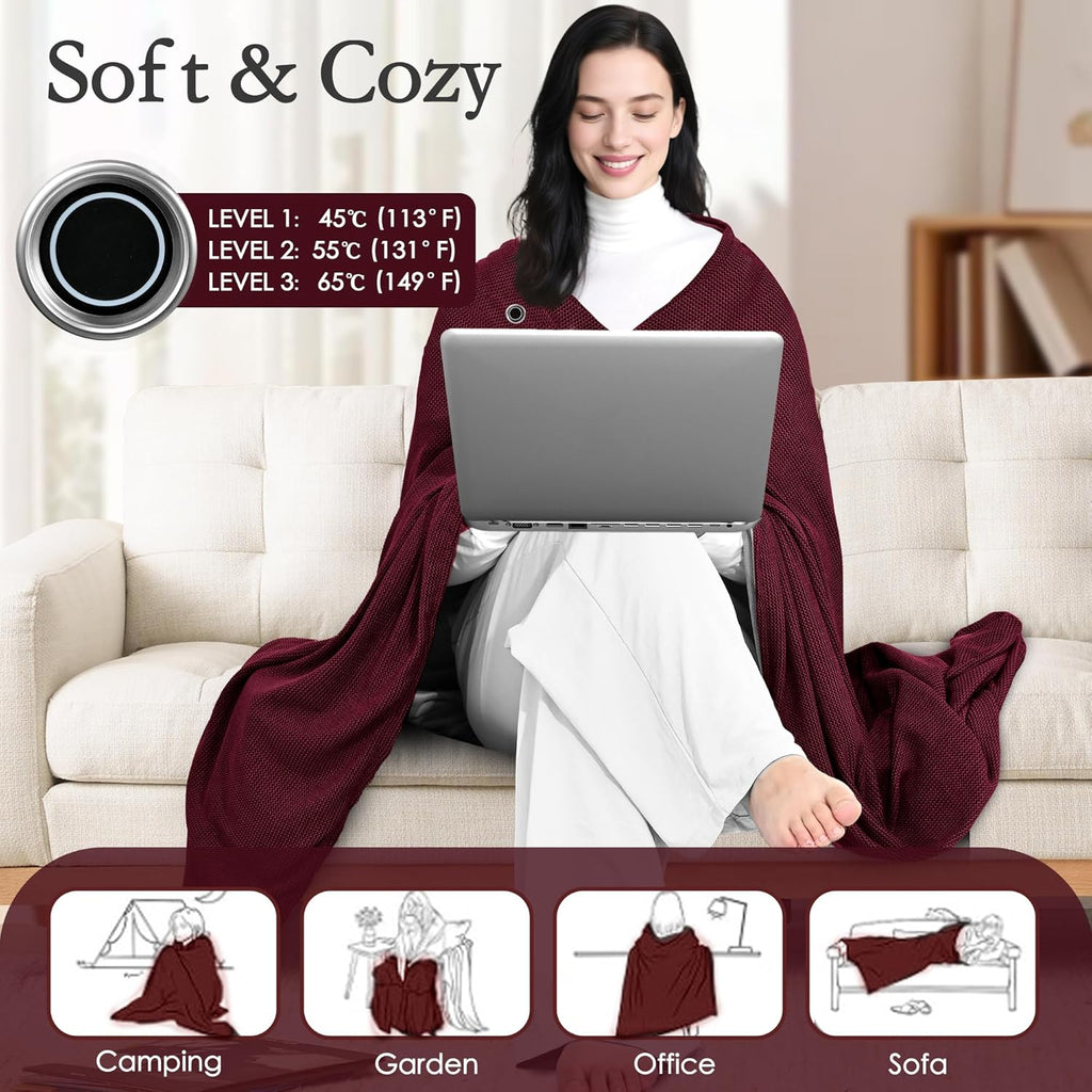 71" Wearable Heated Blanket Shawl with Power Bank, 11 Heating Zones, 3 Heat Levels & Timer