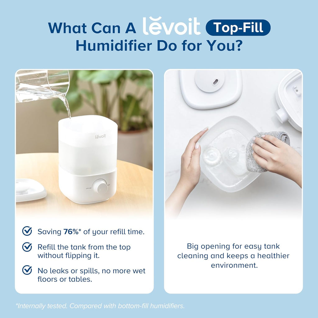 2.5L Top Fill Humidifier for Large Rooms, 28dB Quiet Cool Mist, 25H Runtime, Auto Shut-off