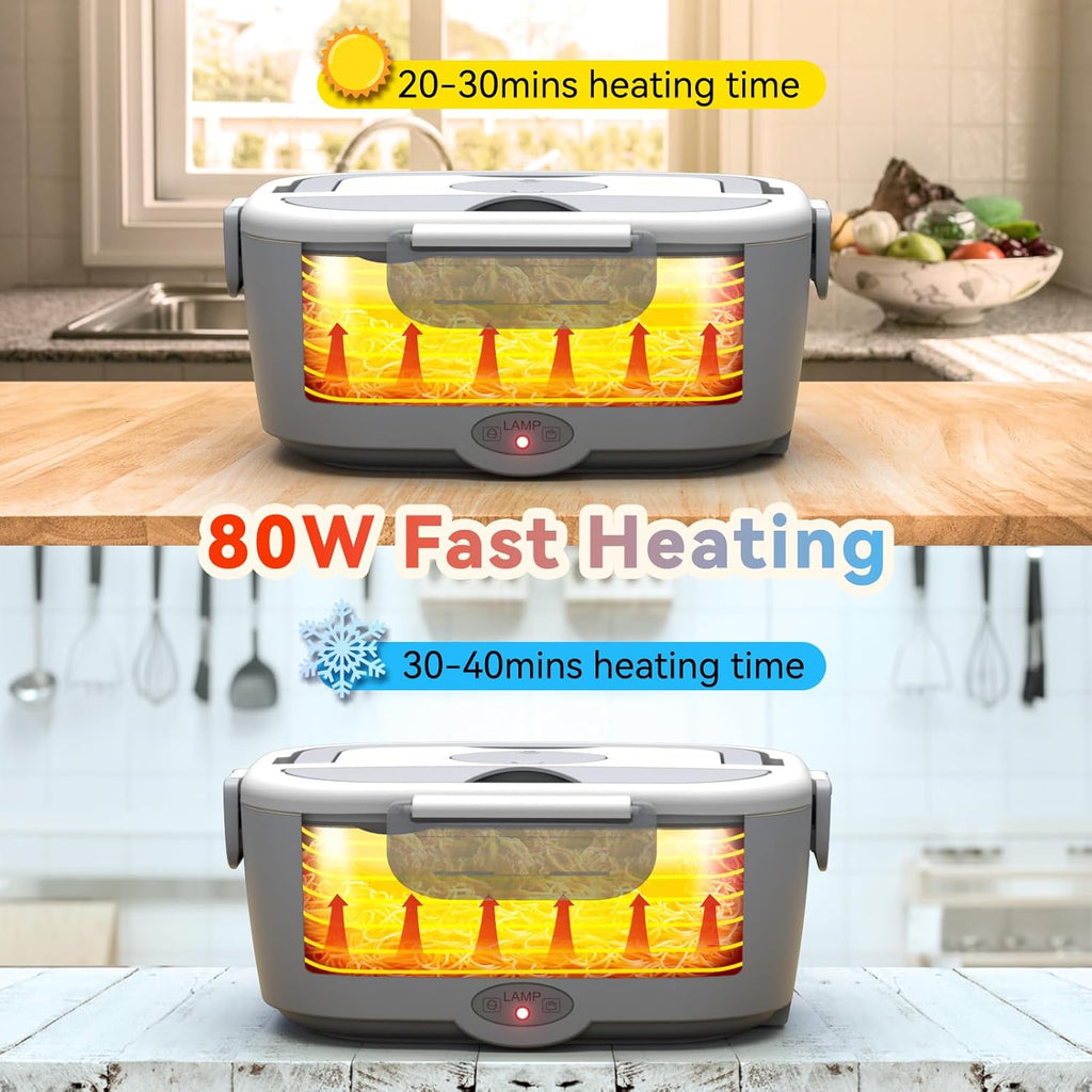 80W Electric Lunch Box with Dual 1.5L Stainless Steel Containers - Portable Food Warmer for Car & Home