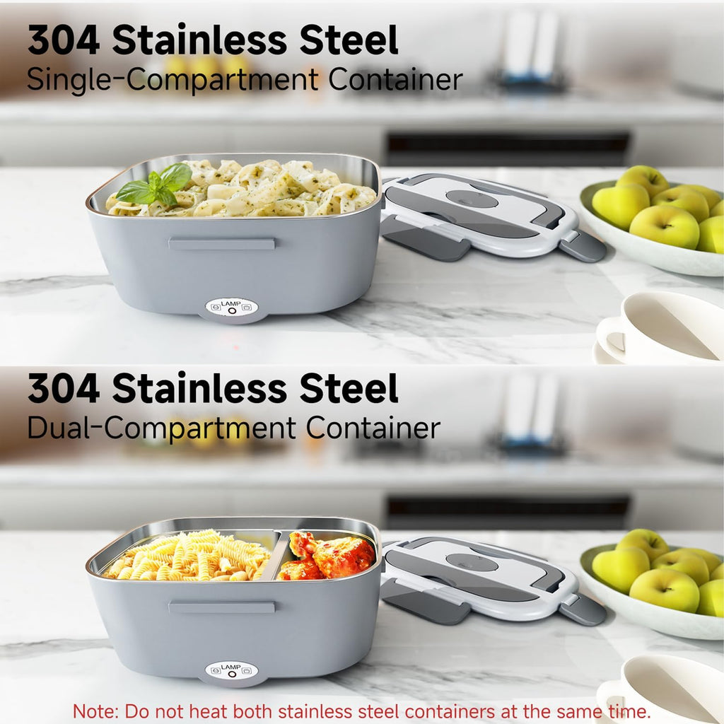 80W Electric Lunch Box with Dual 1.5L Stainless Steel Containers - Portable Food Warmer for Car & Home