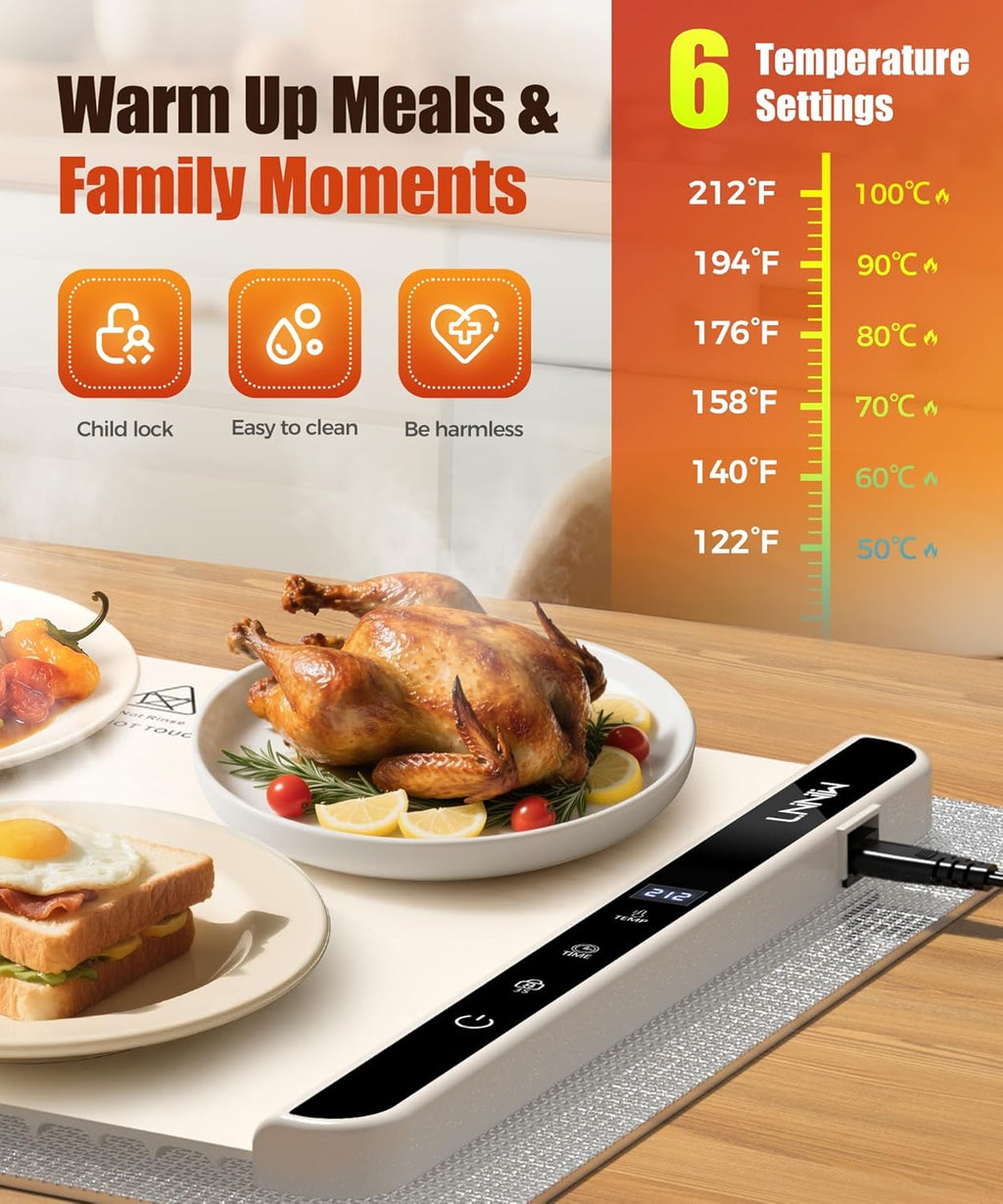 26x15 Inch Food Warming Mat with Heat-Resistant Pad, 6 Temperature & Timer Settings, Child Lock