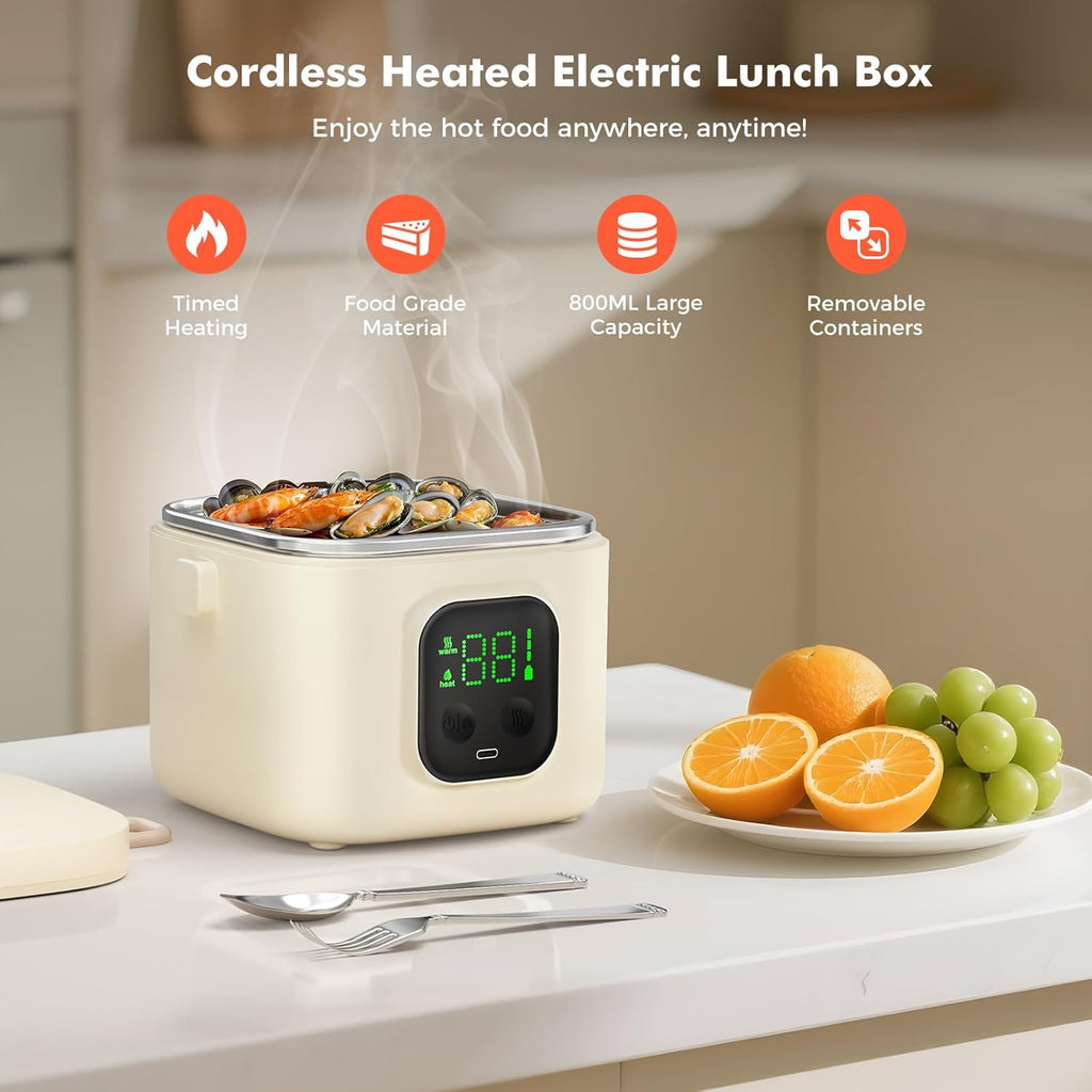 Cordless Electric Lunch Box with 14000mAh Battery, Self-Heating Food Warmer, 800ml Portable