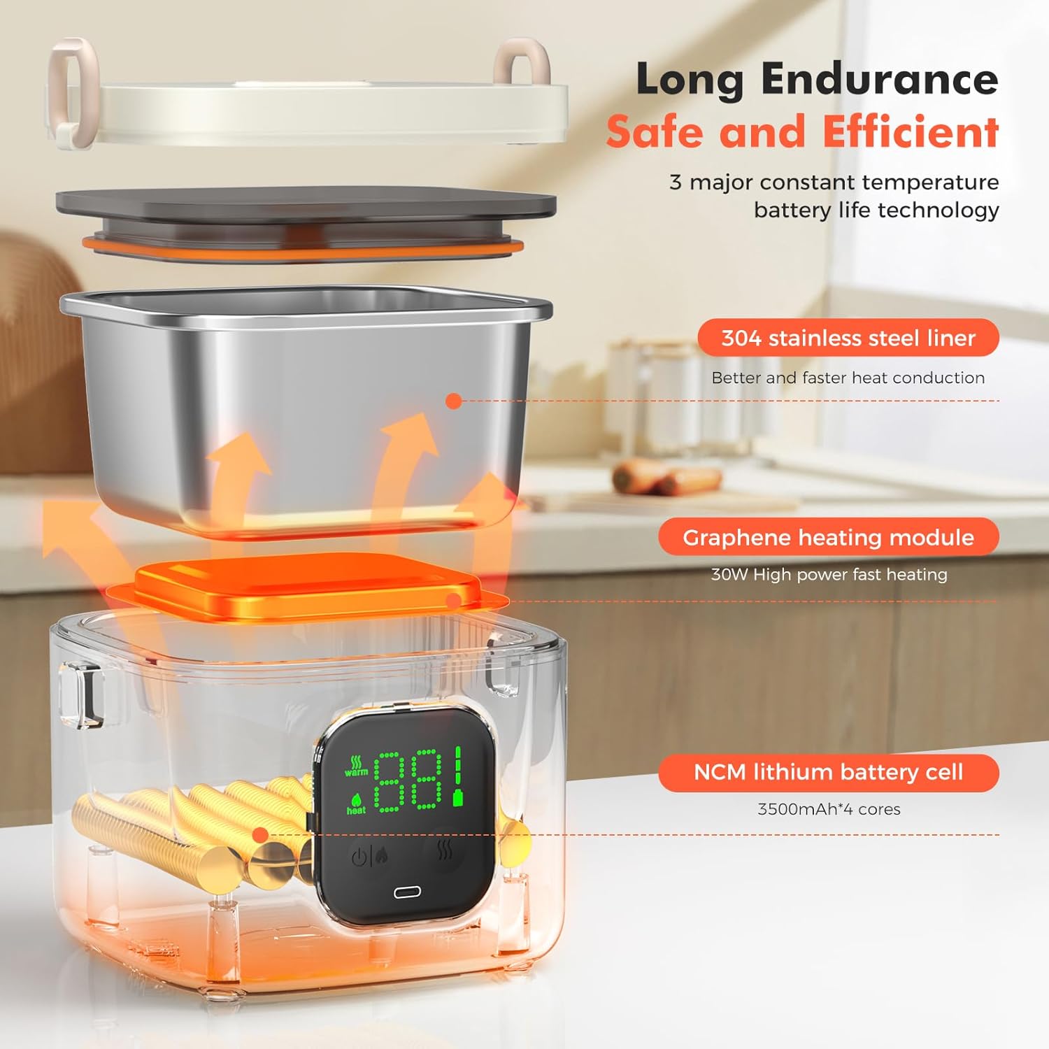 Cordless Electric Lunch Box with 14000mAh Battery, Self-Heating Food Warmer, 800ml Portable