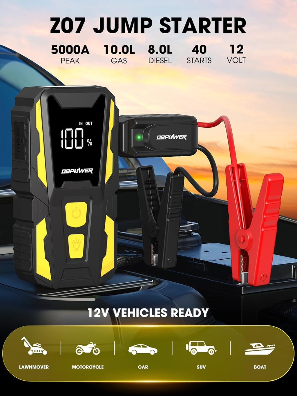 5000A Car Battery Jump Starter for 10.0L Gas/8.0L Diesel Engines with LED Light and Power Bank