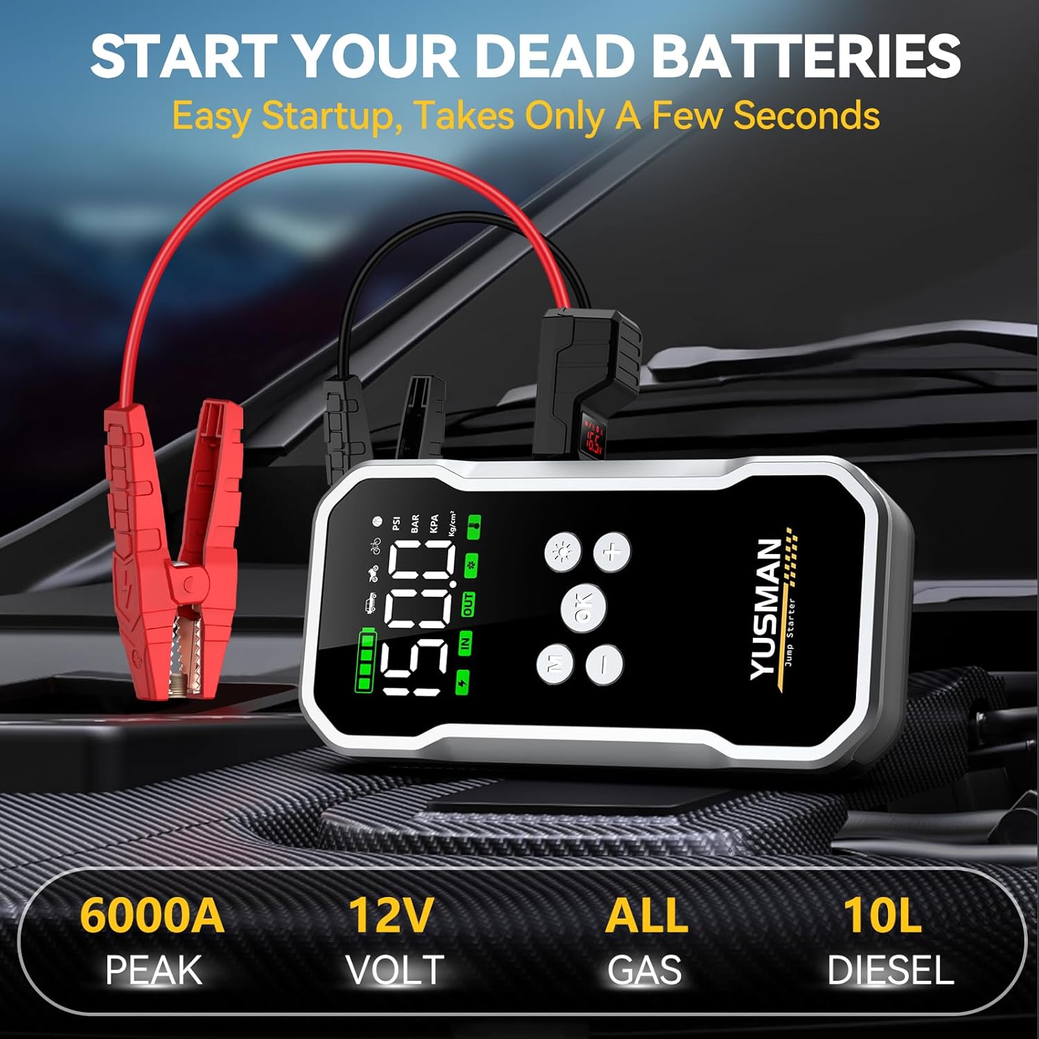 6000A Car Jump Starter with Air Compressor, 15800mAh Power Bank & LED Flashlight