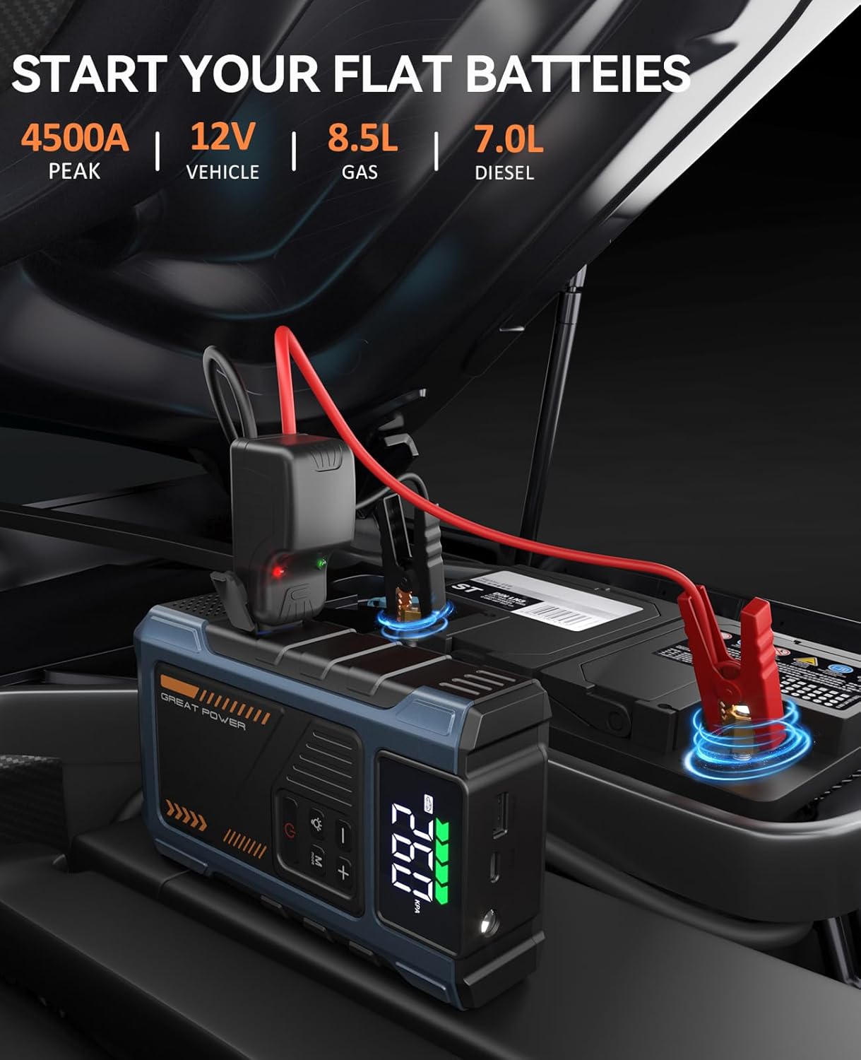 4500A Car Jump Starter with 150PSI Air Compressor - 12V Portable Booster & Tire Inflator
