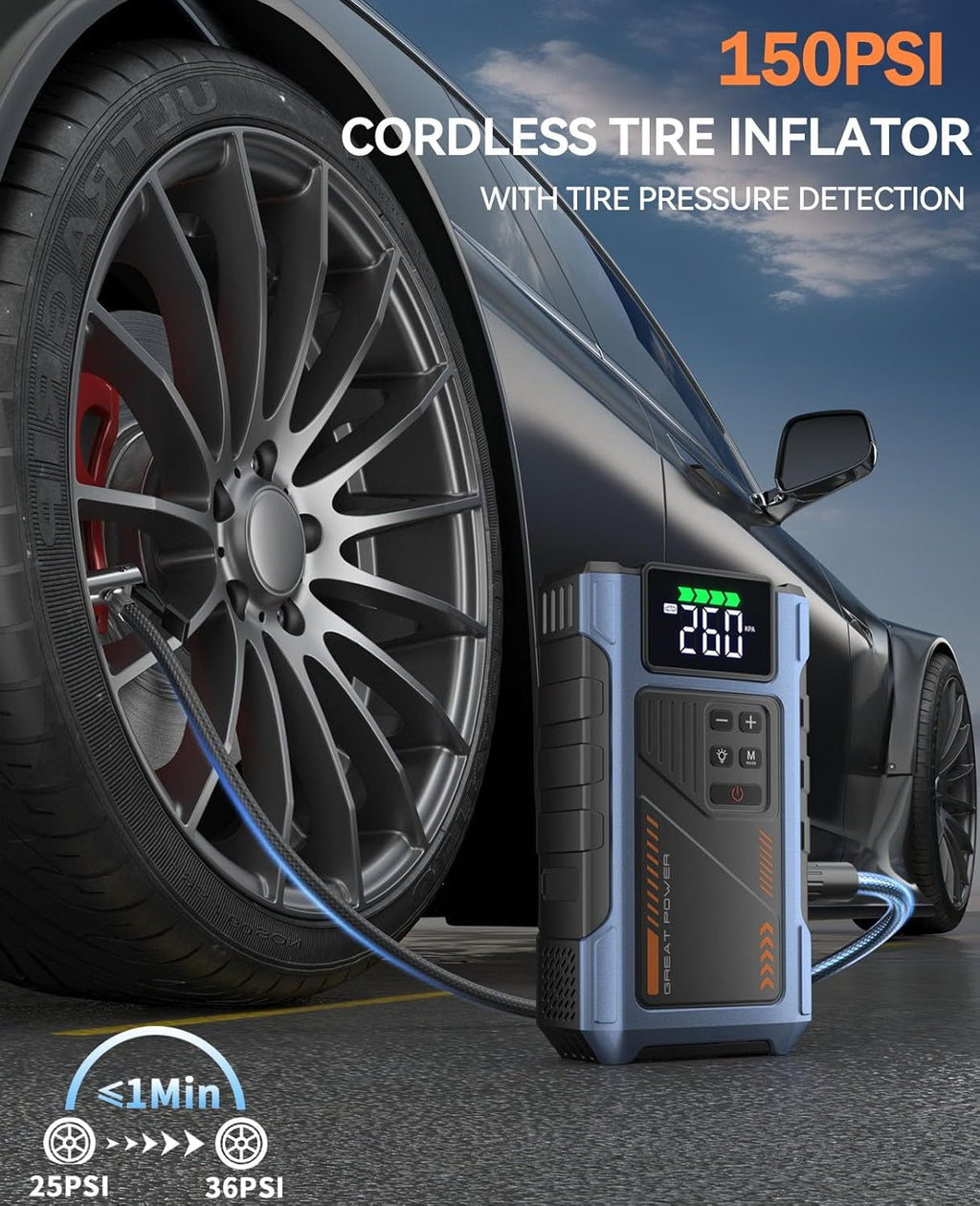 4500A Car Jump Starter with 150PSI Air Compressor - 12V Portable Booster & Tire Inflator