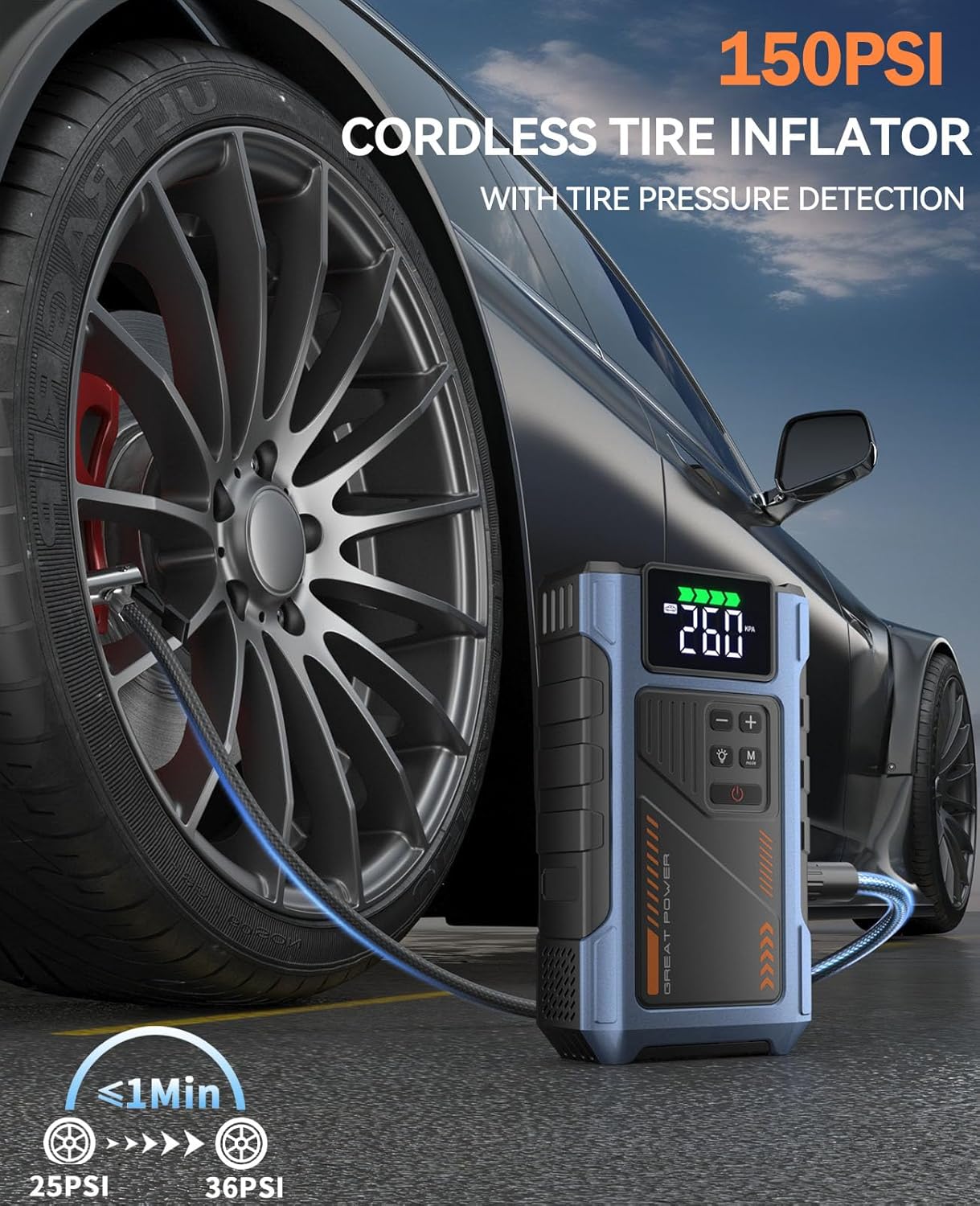 4500A Car Jump Starter with 150PSI Air Compressor - 12V Portable Booster & Tire Inflator