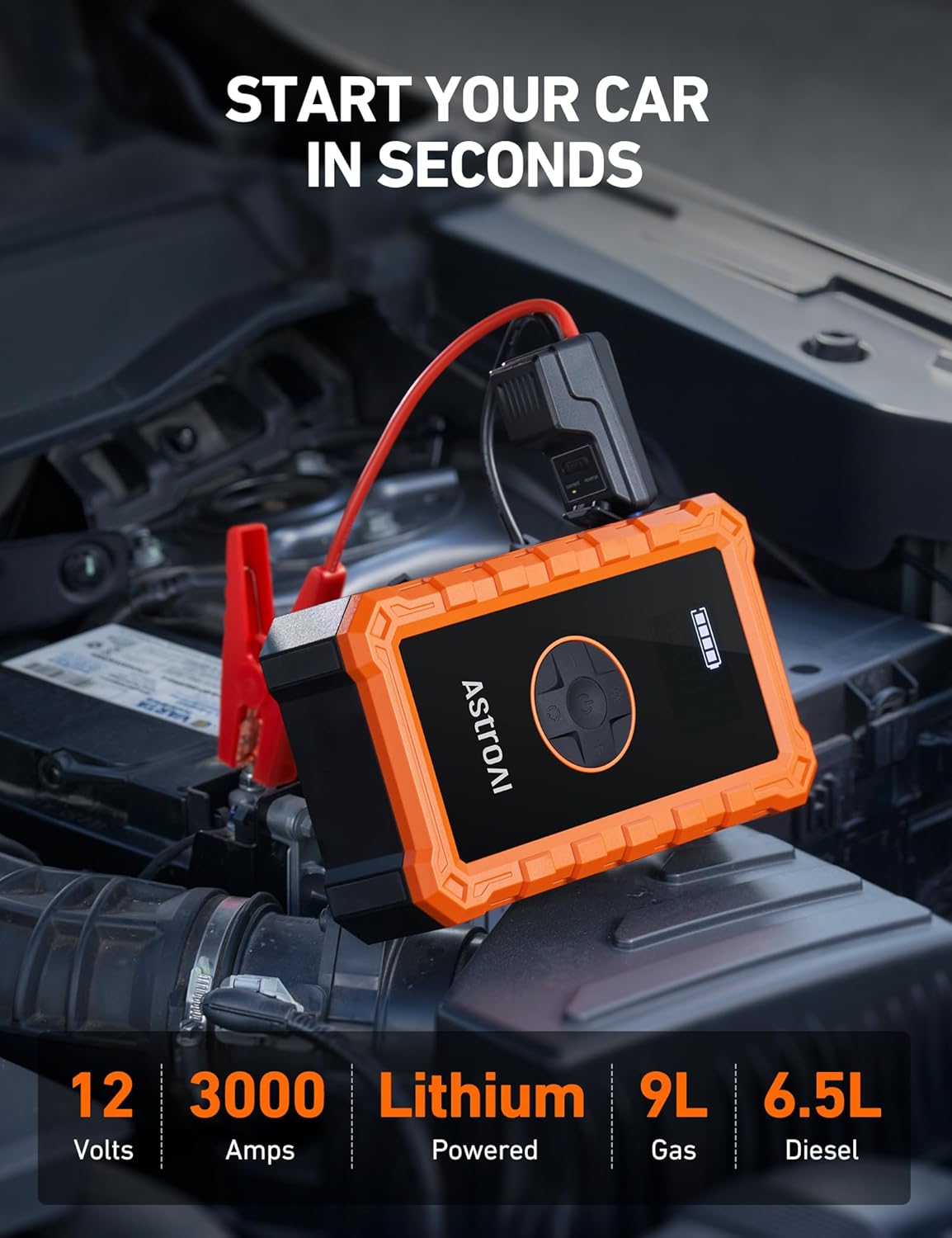 3000A Peak Car Battery Jump Starter with 150PSI Air Compressor, 12V Charger & Power Bank