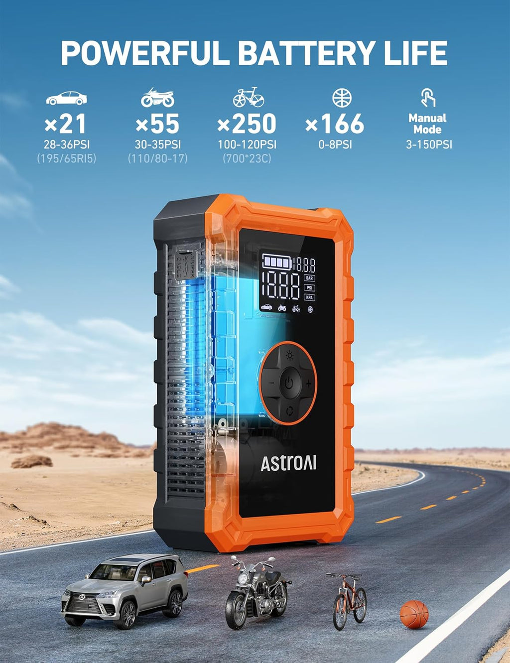 3000A Peak Car Battery Jump Starter with 150PSI Air Compressor, 12V Charger & Power Bank