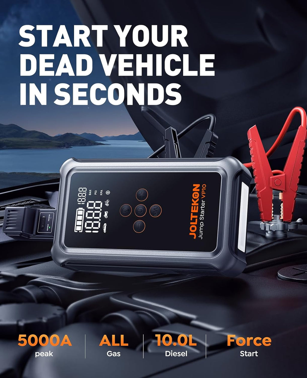 5000A Portable Car Jump Starter with 150PSI Air Compressor, 4-in-1 Emergency Power Pack