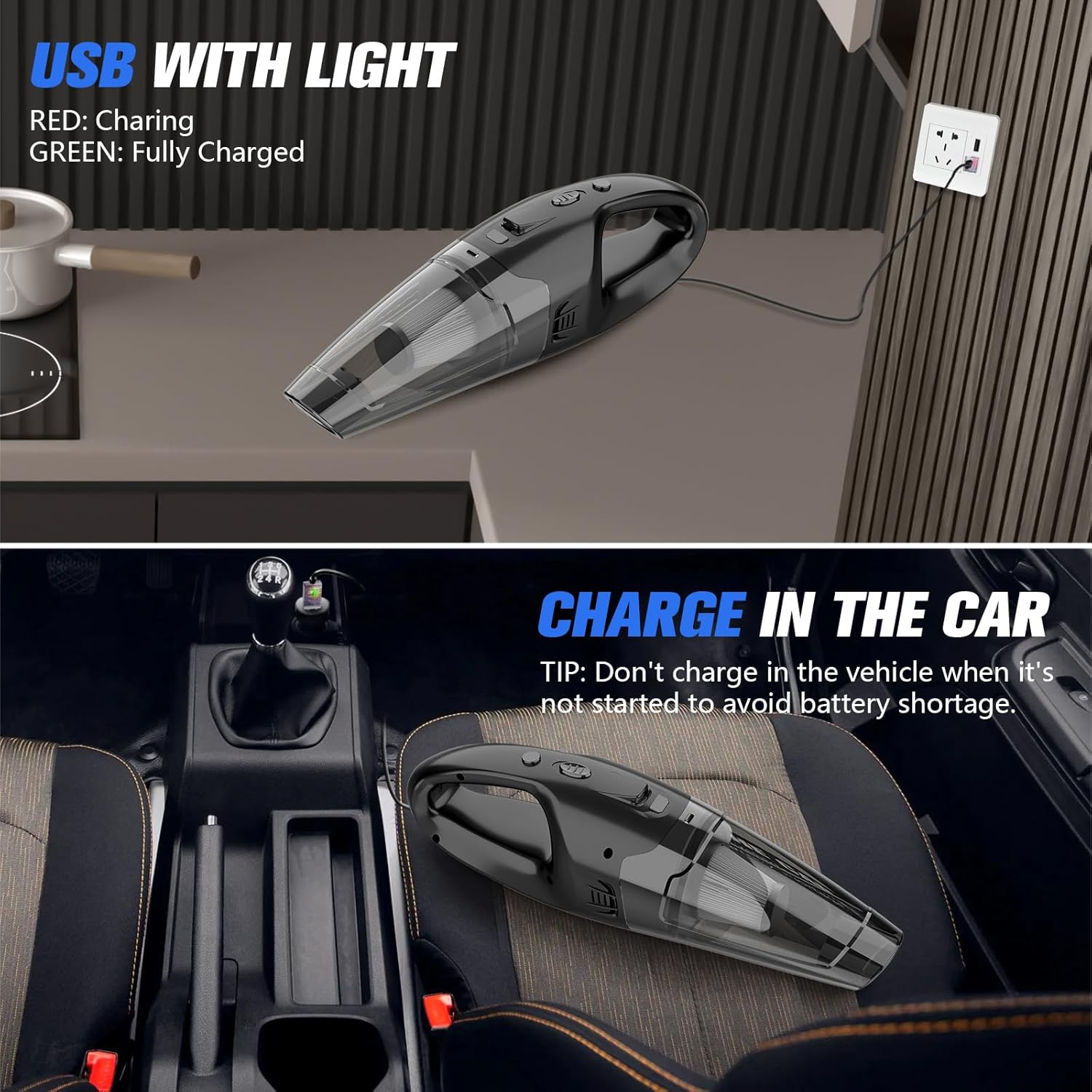 Cordless Handheld Vacuum with LED Light, USB Charging, 1.65Lbs Lightweight for Car/Home/Pet