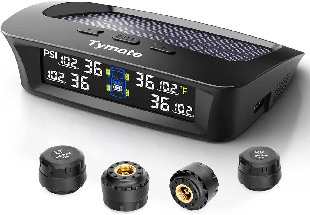 RV Tire Pressure Monitoring System with Solar Charge, 4 Sensors & 6 Alarm Modes, Color LCD Display
