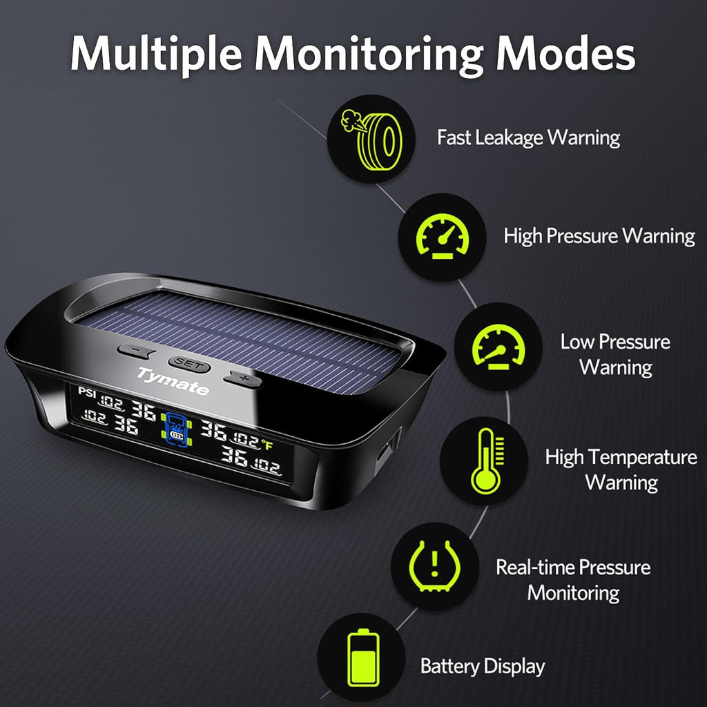 RV Tire Pressure Monitoring System with Solar Charge, 4 Sensors & 6 Alarm Modes, Color LCD Display
